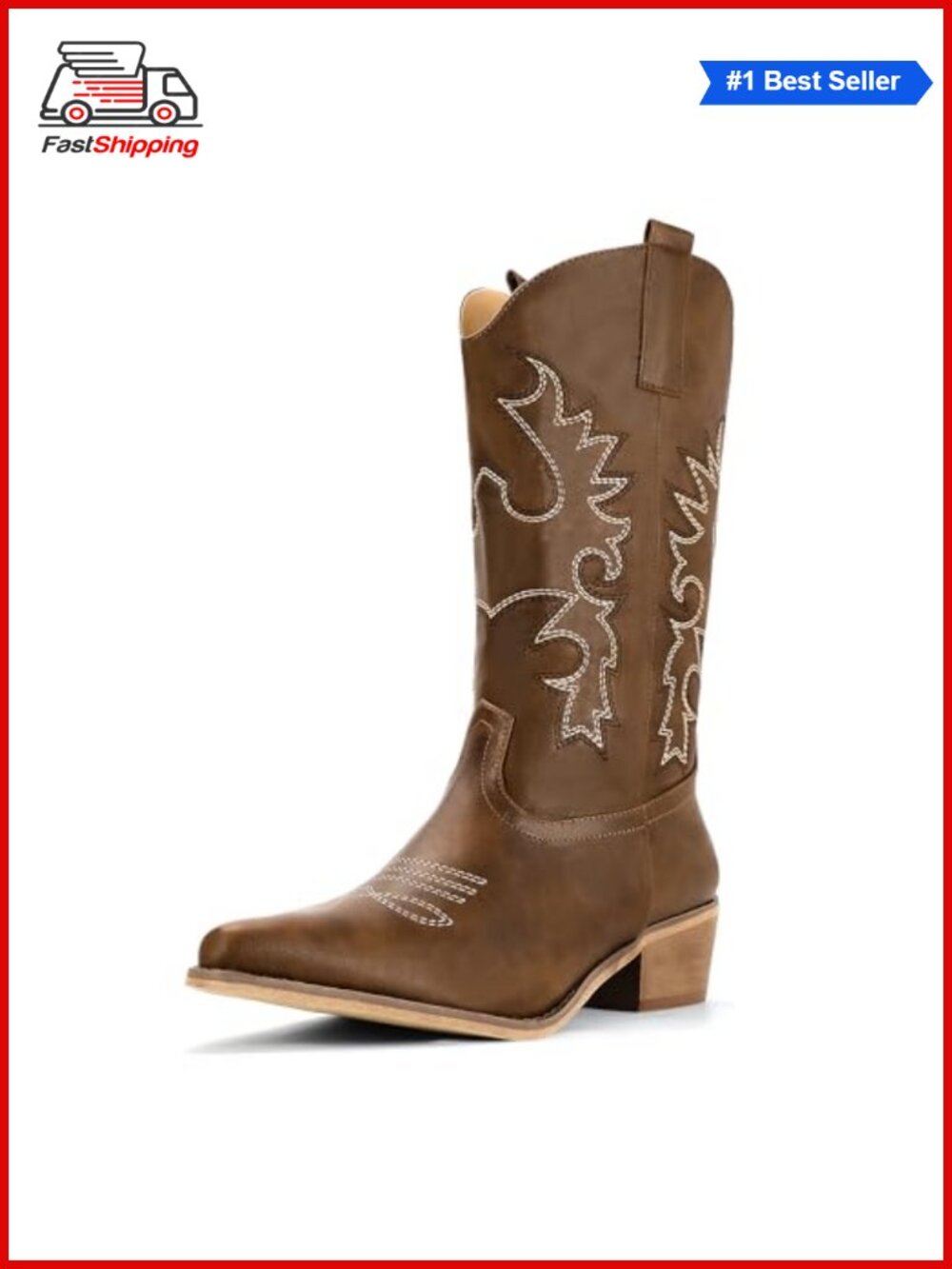 ✨IDIFU Western Cowgirl Mid Calf Boots Chunky Low Heel Pointed Toe